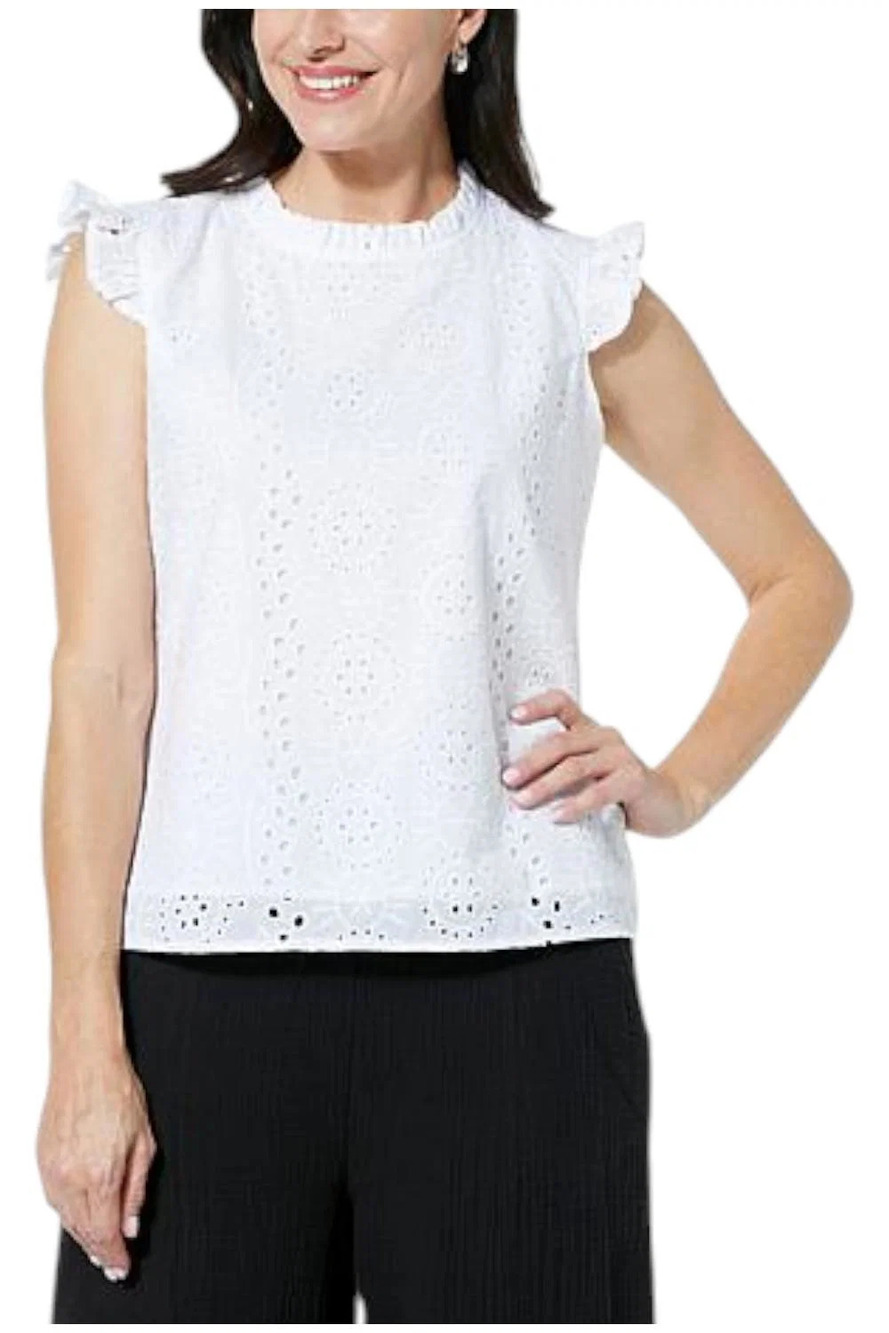 Lacey Chabert Flutter Sleeve Eyelet Top White - Regular